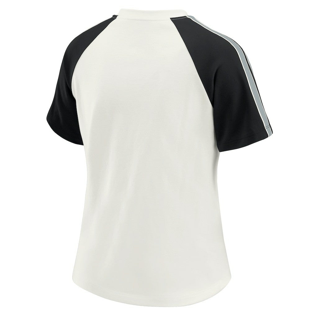 Las Vegas Raiders WEAR by Erin Andrews Women's Sleeve Stripe Distressed Raglan T-Shirt White - NFL