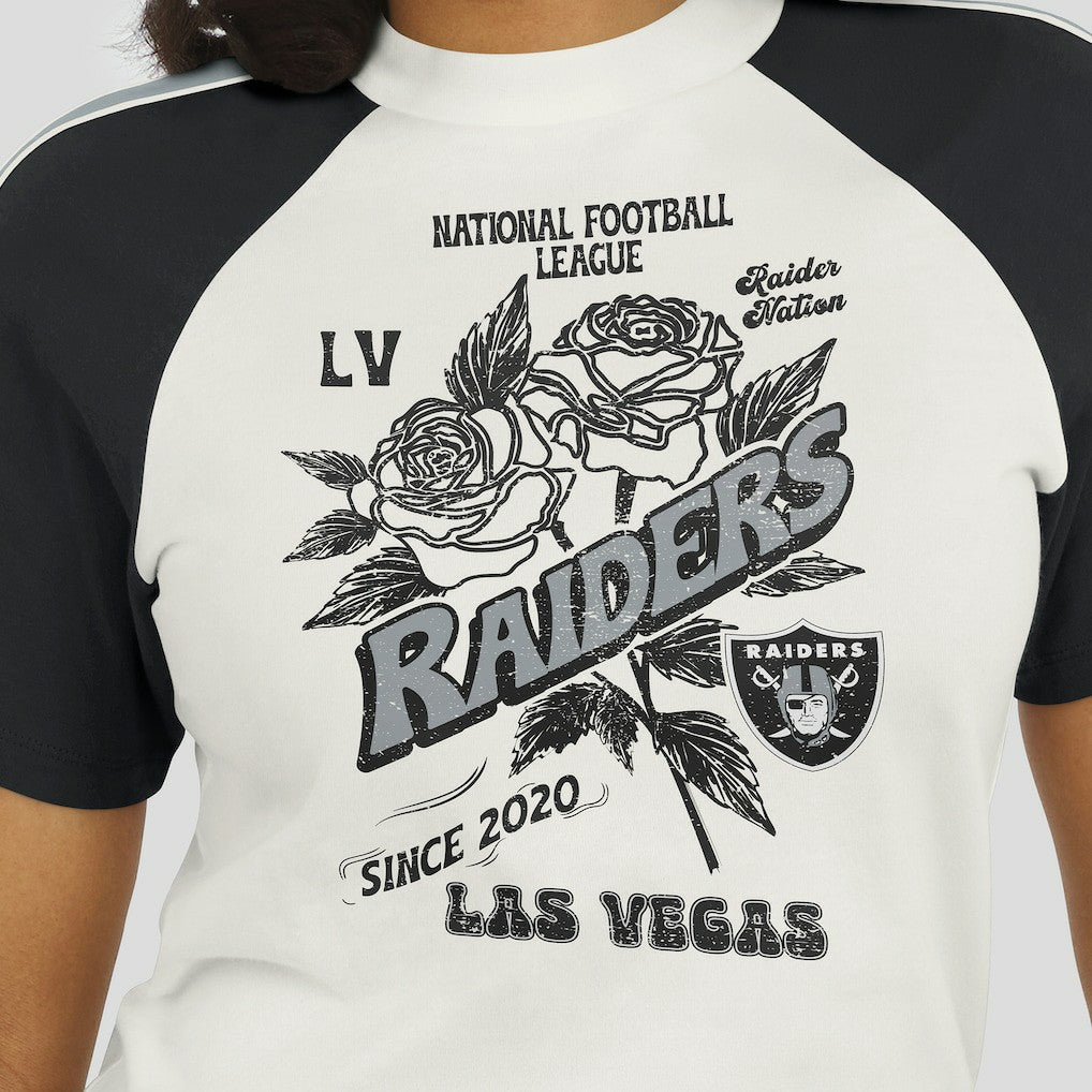 Las Vegas Raiders WEAR by Erin Andrews Women's Sleeve Stripe Distressed Raglan T-Shirt White - NFL