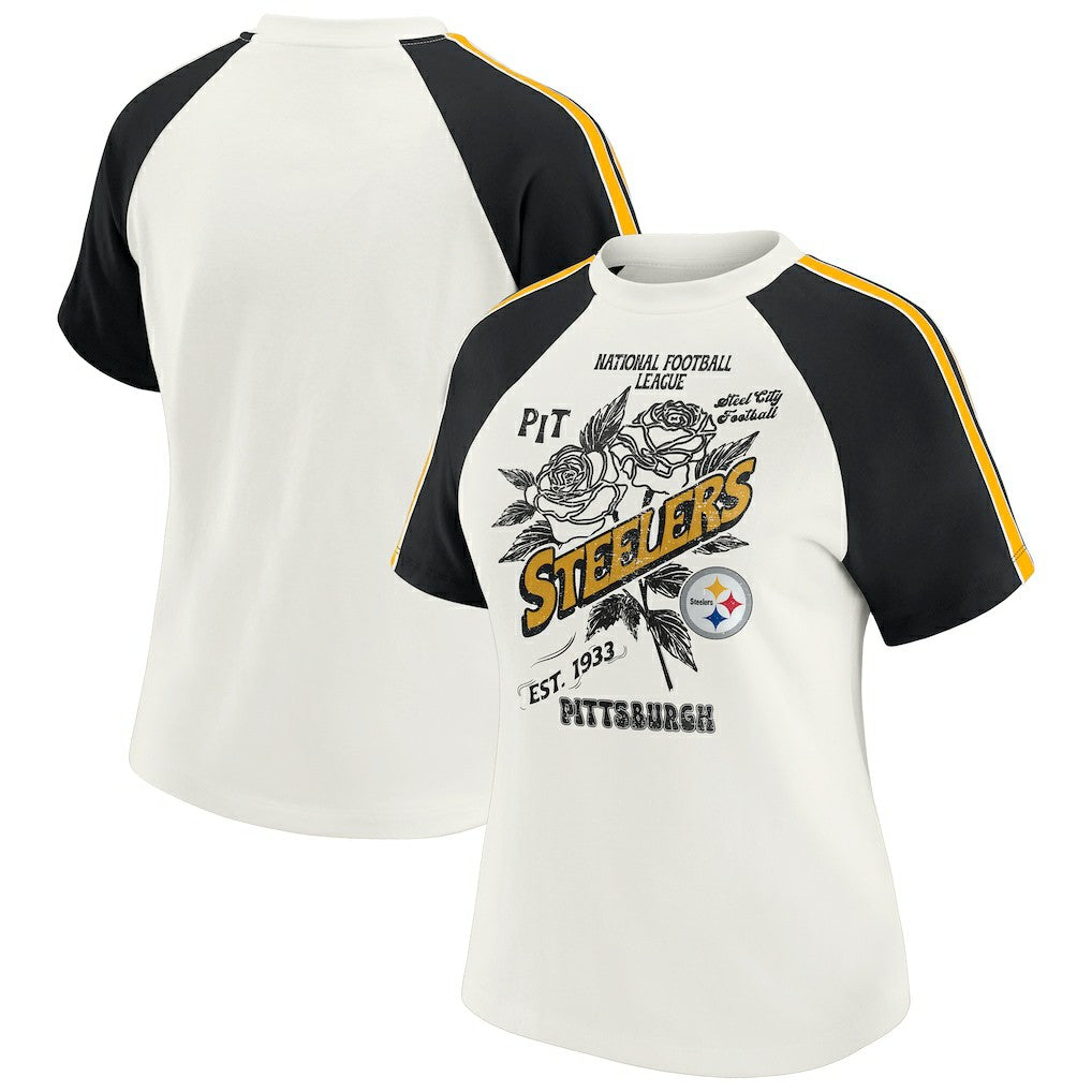 Pittsburgh Steelers WEAR by Erin Andrews Women's Sleeve Stripe Distressed Raglan T-Shirt White - NFL