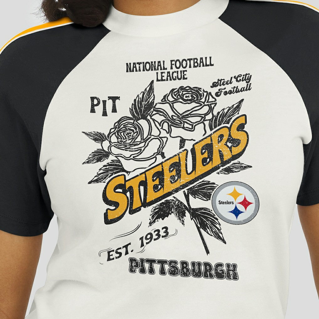 Pittsburgh Steelers WEAR by Erin Andrews Women's Sleeve Stripe Distressed Raglan T-Shirt White - NFL