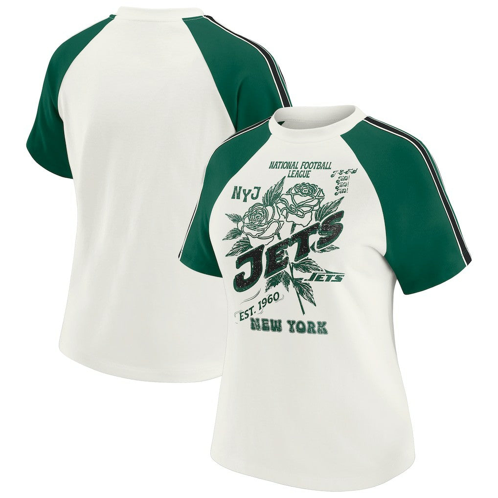 New York Jets WEAR by Erin Andrews Women's Sleeve Stripe Distressed Raglan T-Shirt White - NFL