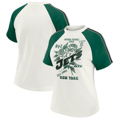 New York Jets WEAR by Erin Andrews Women's Sleeve Stripe Distressed Raglan T-Shirt White - NFL