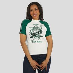 New York Jets WEAR by Erin Andrews Women's Sleeve Stripe Distressed Raglan T-Shirt White - NFL