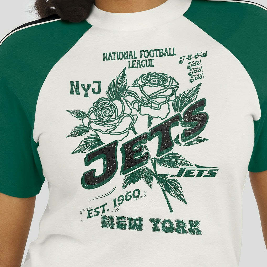 New York Jets WEAR by Erin Andrews Women's Sleeve Stripe Distressed Raglan T-Shirt White - NFL