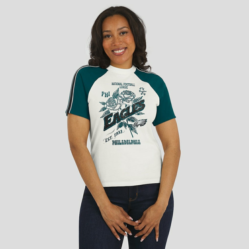 Philadelphia Eagles WEAR by Erin Andrews Women's Sleeve Stripe Distressed Raglan T-Shirt White - NFL
