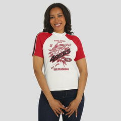 San Francisco 49ers WEAR by Erin Andrews Women's Sleeve Stripe Distressed Raglan T-Shirt White - NFL
