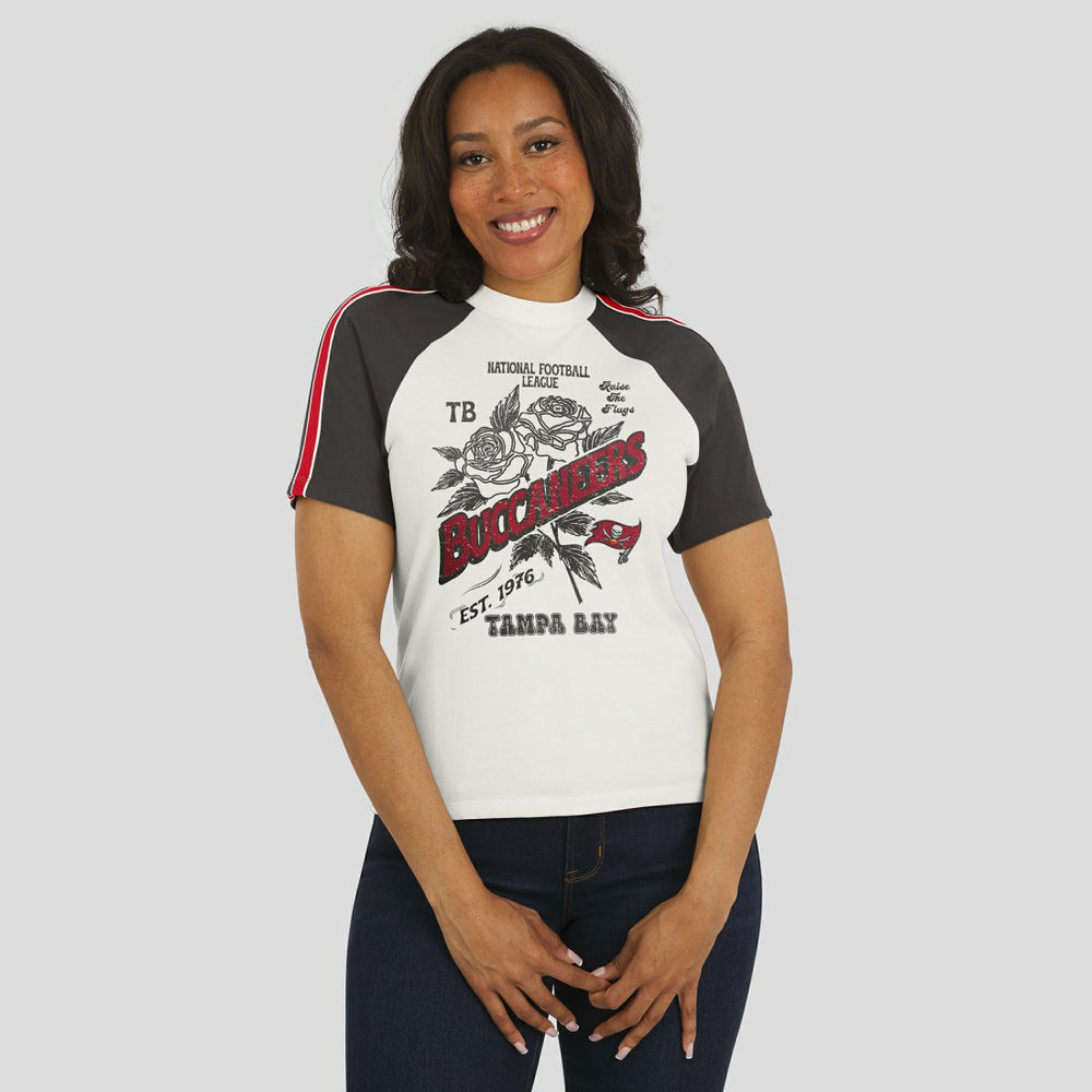 Tampa Bay Buccaneers WEAR by Erin Andrews Women's Sleeve Stripe Distressed Raglan T-Shirt White - NFL