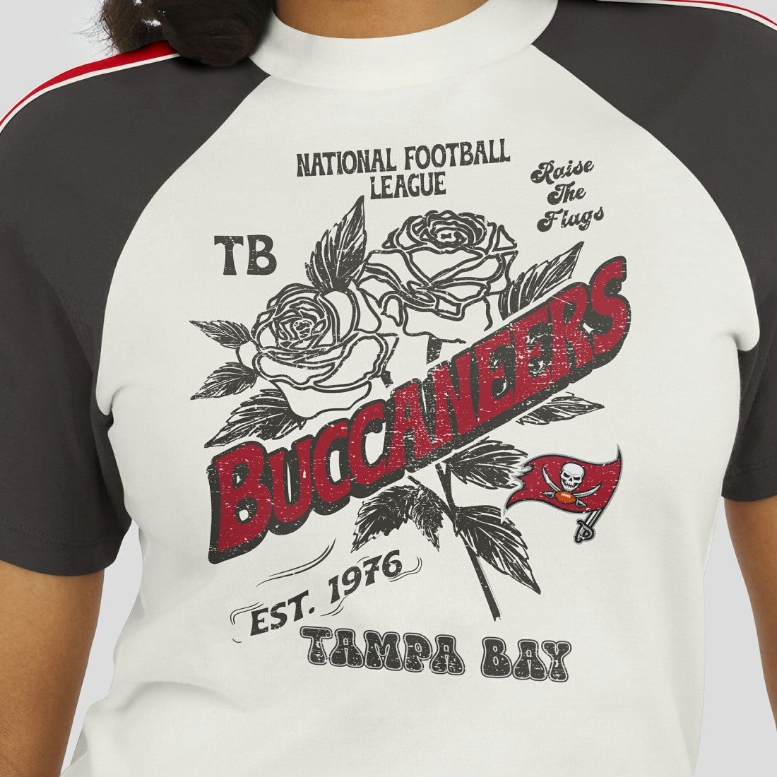 Tampa Bay Buccaneers WEAR by Erin Andrews Women's Sleeve Stripe Distressed Raglan T-Shirt White - NFL