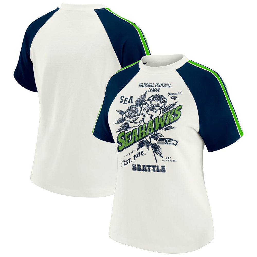 Seattle Seahawks WEAR by Erin Andrews Women's Sleeve Stripe Distressed Raglan T-Shirt White - NFL