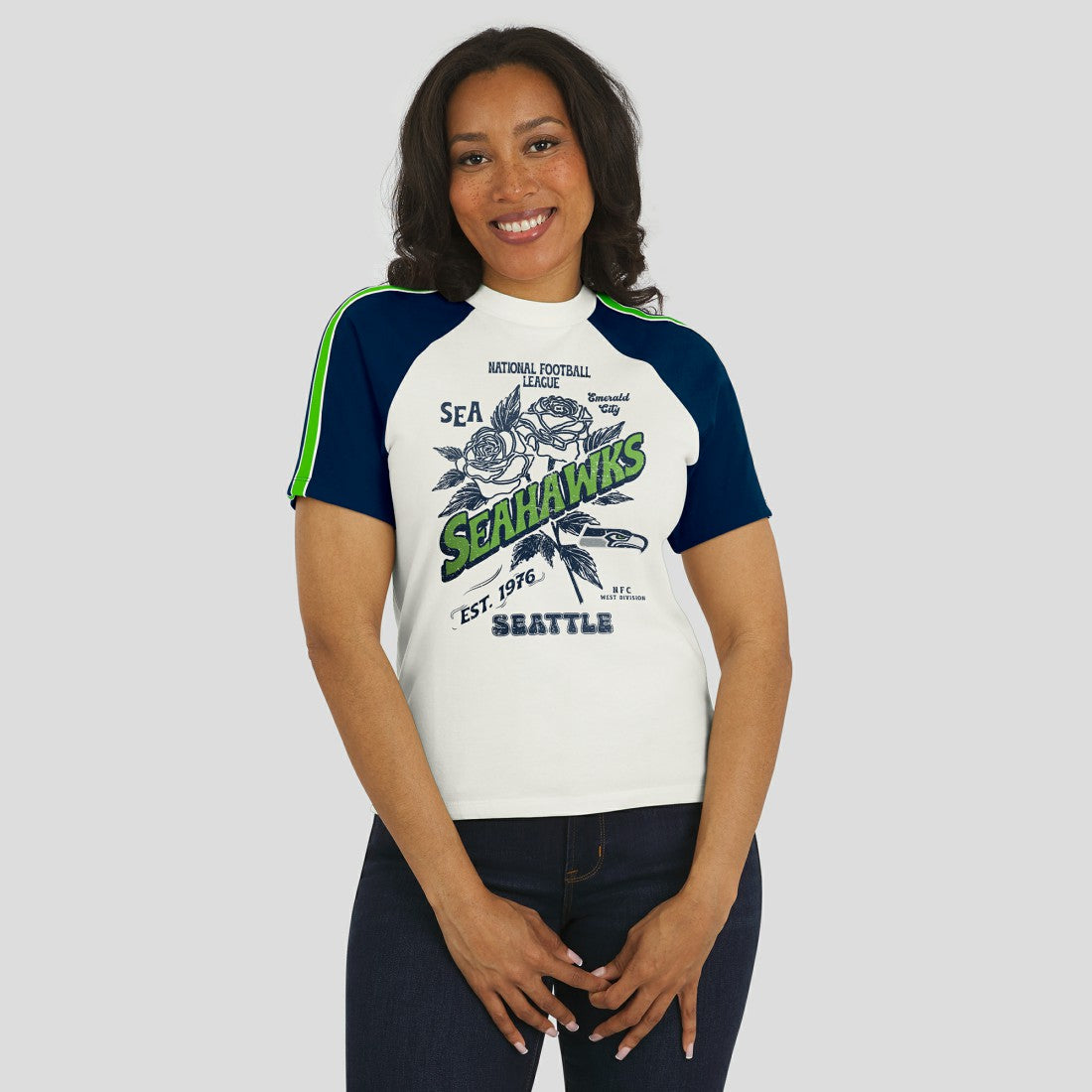 Seattle Seahawks WEAR by Erin Andrews Women's Sleeve Stripe Distressed Raglan T-Shirt White - NFL