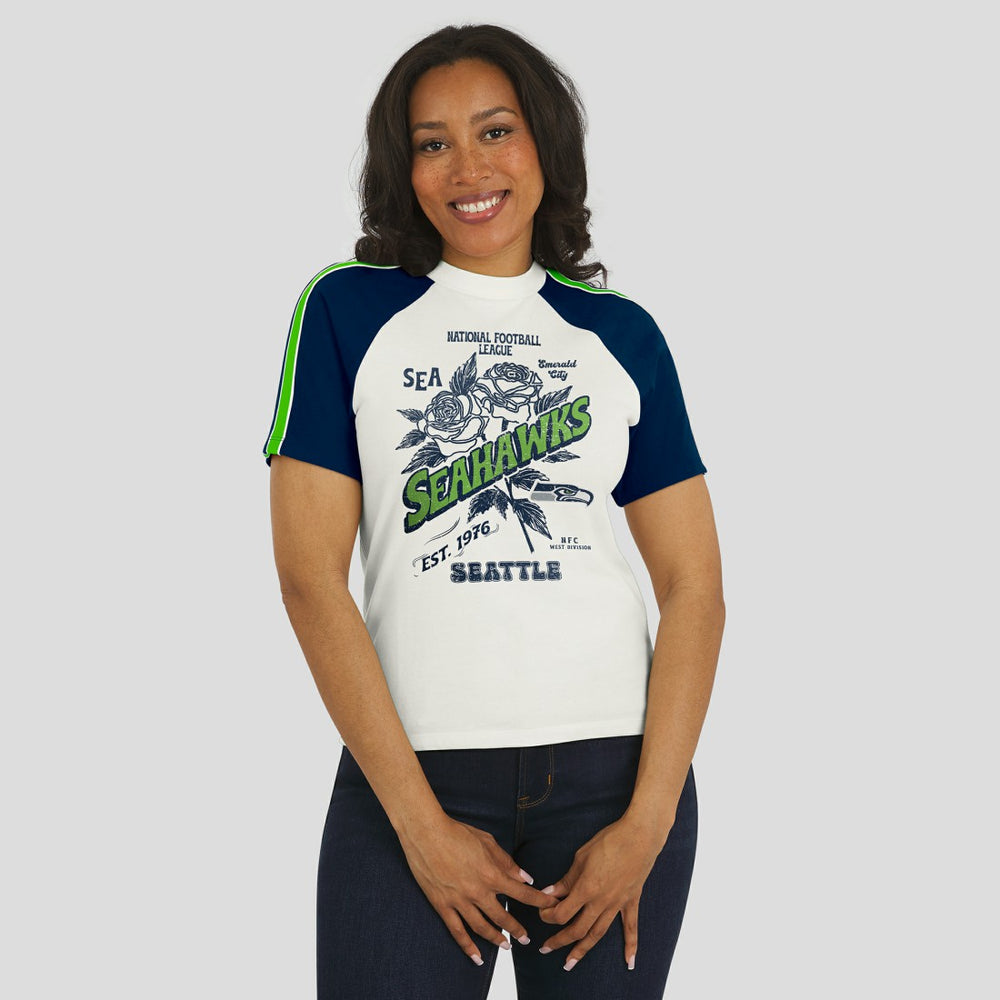 Seattle Seahawks WEAR by Erin Andrews Women's Sleeve Stripe Distressed Raglan T-Shirt White - NFL
