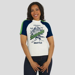 Seattle Seahawks WEAR by Erin Andrews Women's Sleeve Stripe Distressed Raglan T-Shirt White - NFL