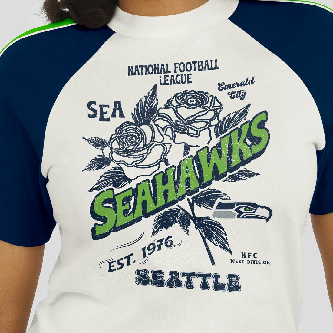 Seattle Seahawks WEAR by Erin Andrews Women's Sleeve Stripe Distressed Raglan T-Shirt White - NFL