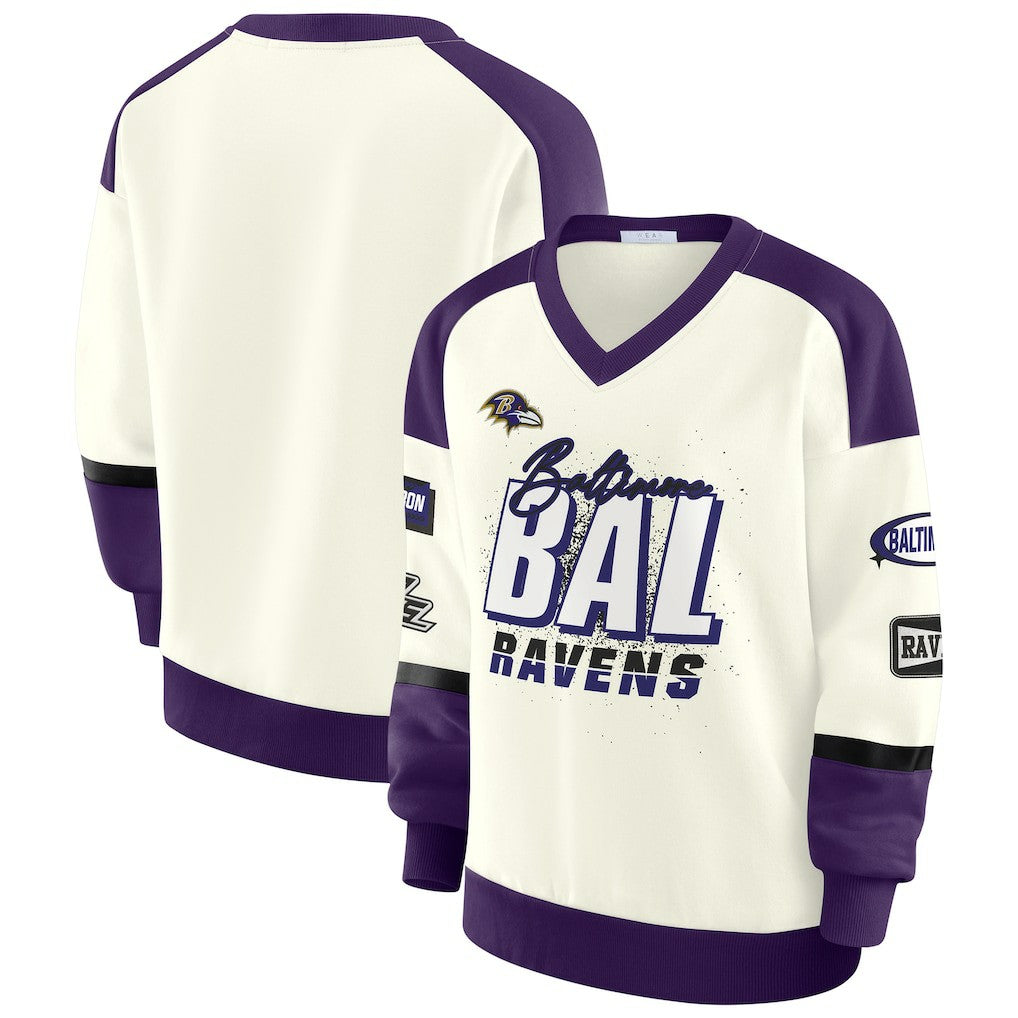 Baltimore Ravens WEAR by Erin Andrews Women's Racing Crew V-Neck Sweatshirt Cream - NFL
