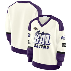 Baltimore Ravens WEAR by Erin Andrews Women's Racing Crew V-Neck Sweatshirt Cream - NFL