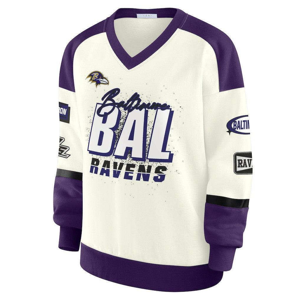 Baltimore Ravens WEAR by Erin Andrews Women's Racing Crew V-Neck Sweatshirt Cream - NFL