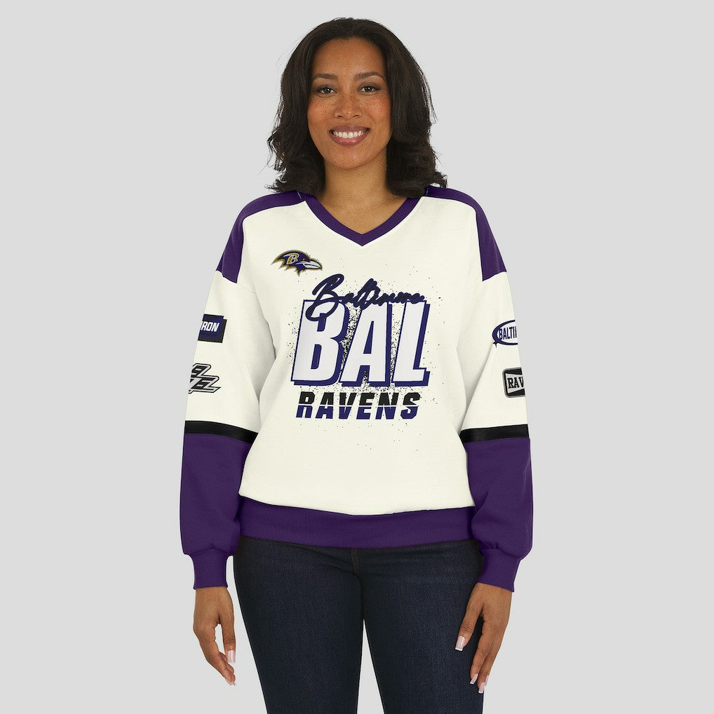 Baltimore Ravens WEAR by Erin Andrews Women's Racing Crew V-Neck Sweatshirt Cream - NFL