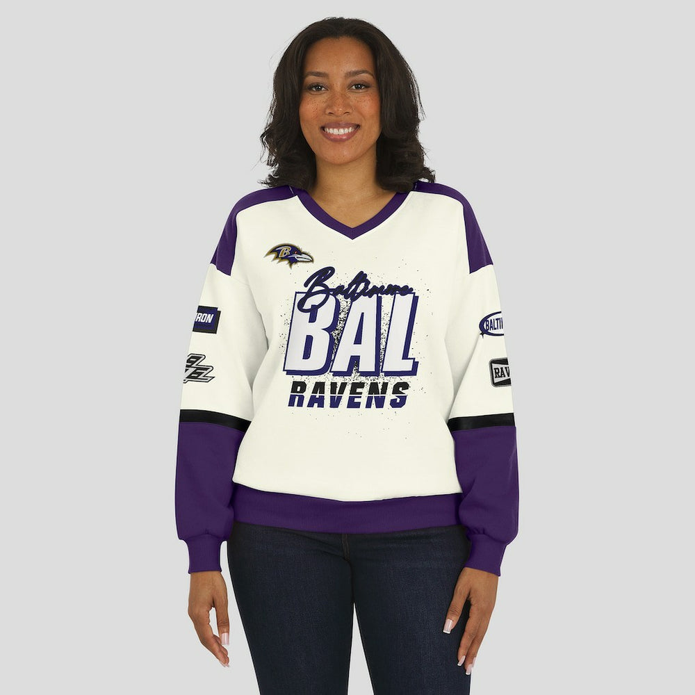 Baltimore Ravens WEAR by Erin Andrews Women's Racing Crew V-Neck Sweatshirt Cream - NFL