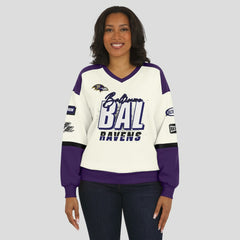 Baltimore Ravens WEAR by Erin Andrews Women's Racing Crew V-Neck Sweatshirt Cream - NFL