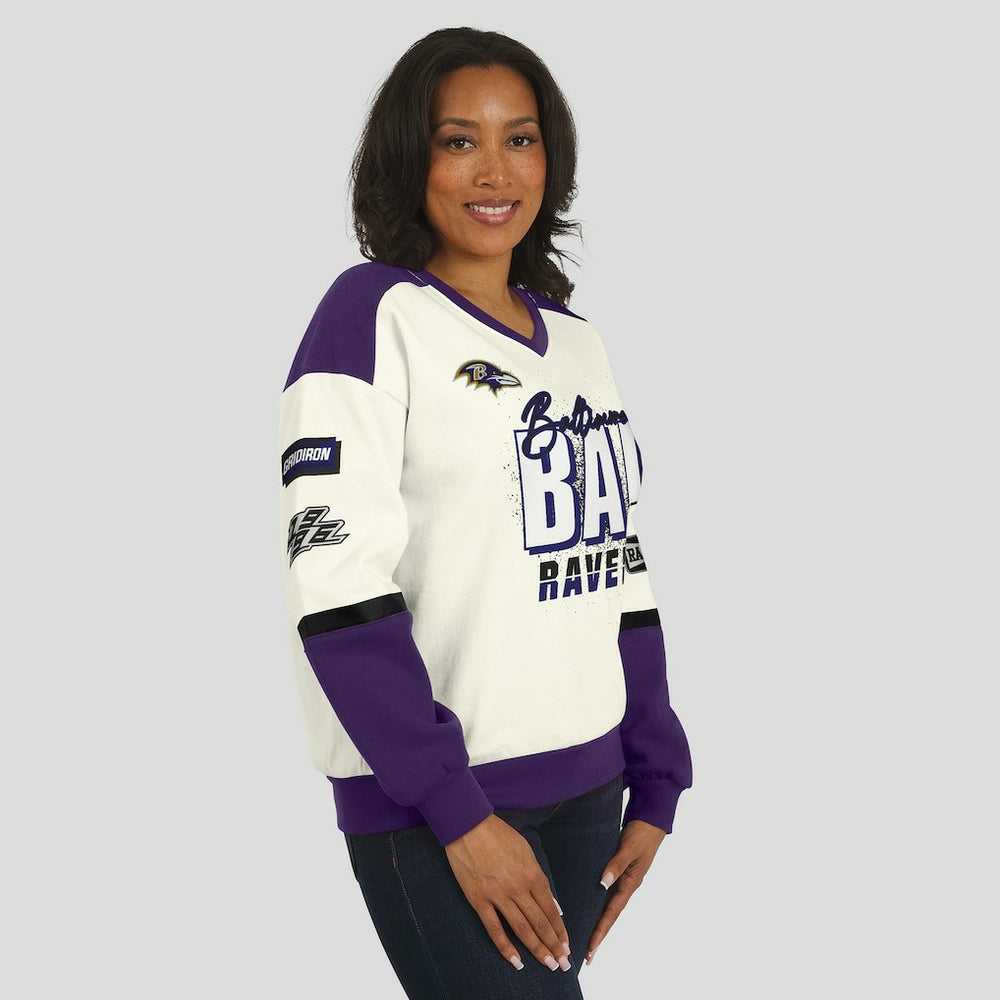 Baltimore Ravens WEAR by Erin Andrews Women's Racing Crew V-Neck Sweatshirt Cream - NFL