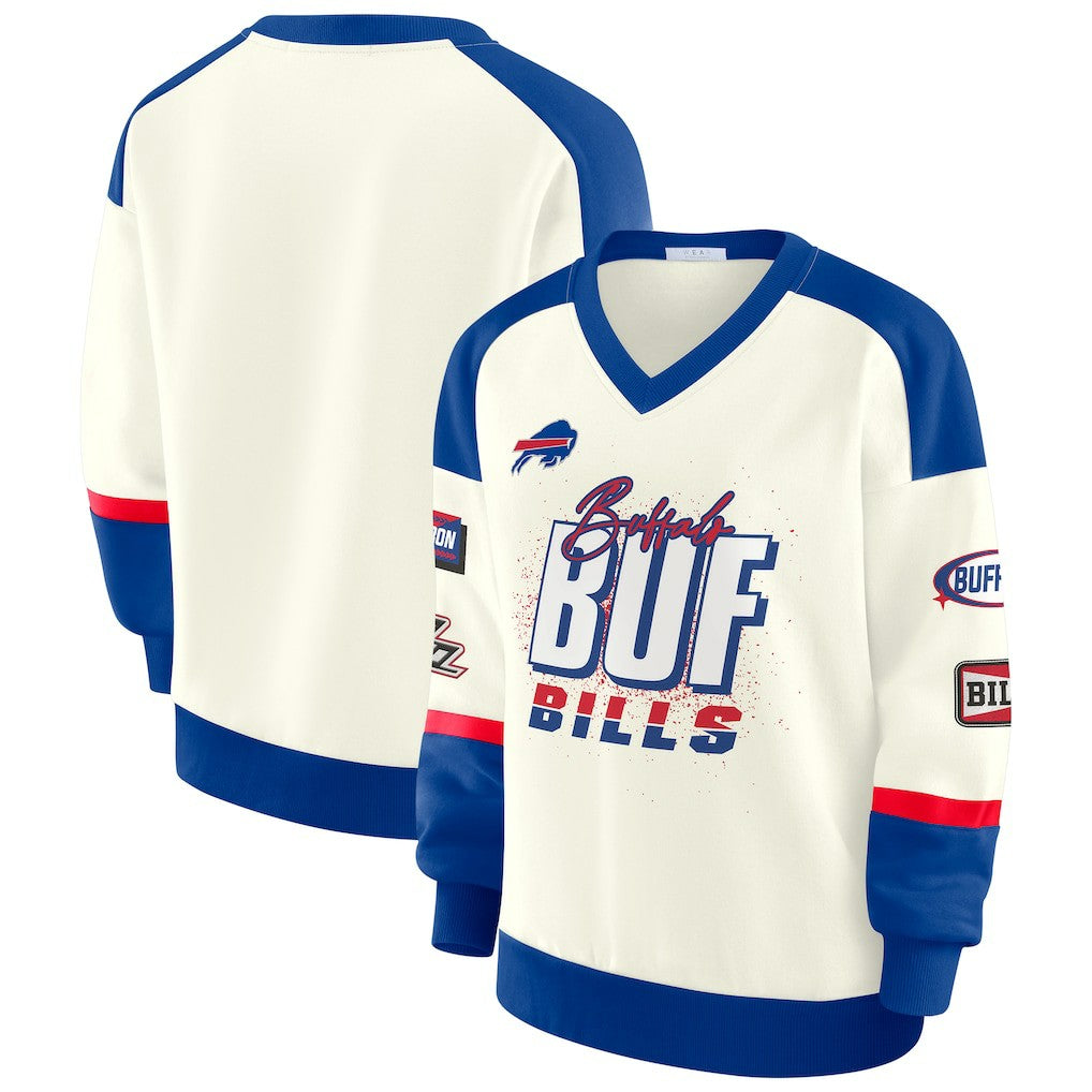 Buffalo Bills WEAR by Erin Andrews Women's Racing Crew V-Neck Sweatshirt Cream - NFL