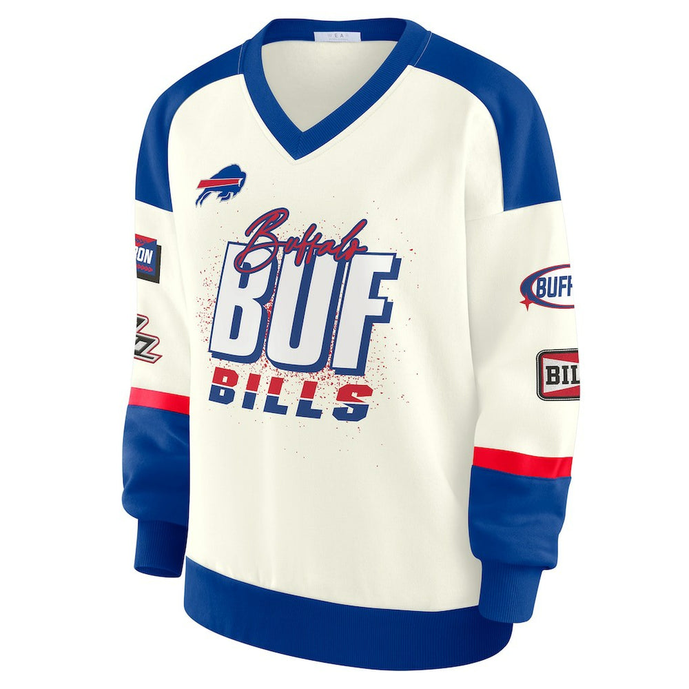 Buffalo Bills WEAR by Erin Andrews Women's Racing Crew V-Neck Sweatshirt Cream - NFL