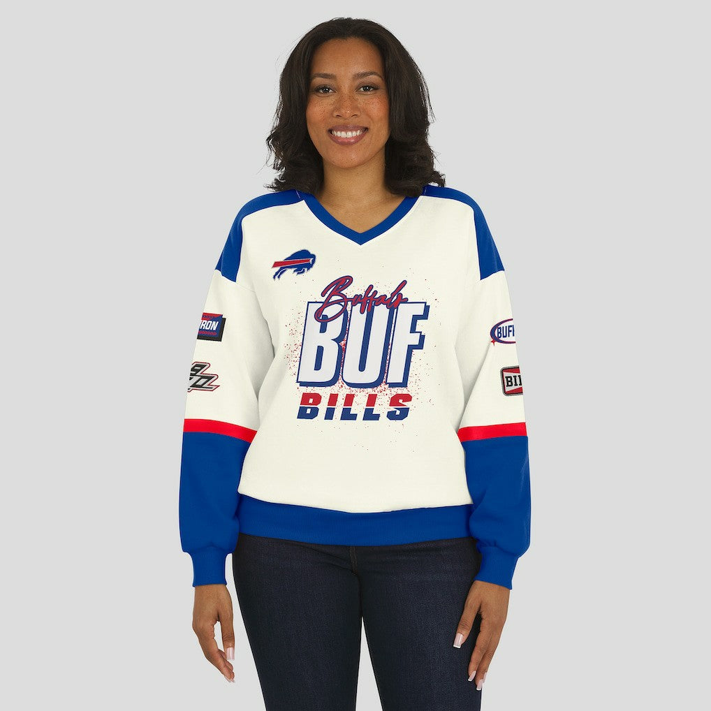 Buffalo Bills WEAR by Erin Andrews Women's Racing Crew V-Neck Sweatshirt Cream - NFL