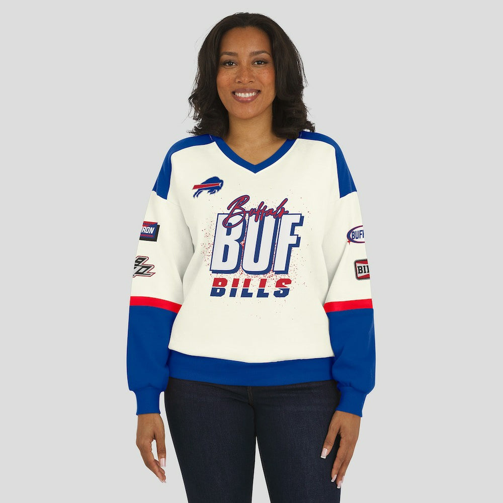 Buffalo Bills WEAR by Erin Andrews Women's Racing Crew V-Neck Sweatshirt Cream - NFL