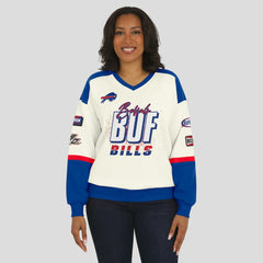 Buffalo Bills WEAR by Erin Andrews Women's Racing Crew V-Neck Sweatshirt Cream - NFL