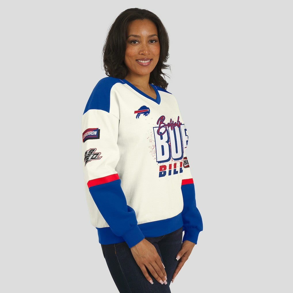 Buffalo Bills WEAR by Erin Andrews Women's Racing Crew V-Neck Sweatshirt Cream - NFL