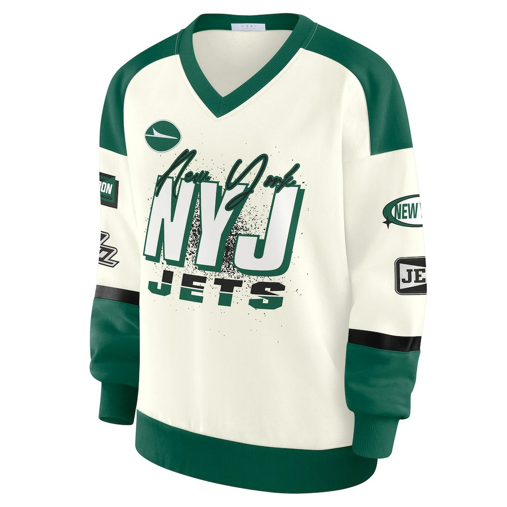 New York Jets WEAR by Erin Andrews Women's Racing Crew V-Neck Sweatshirt Cream - NFL