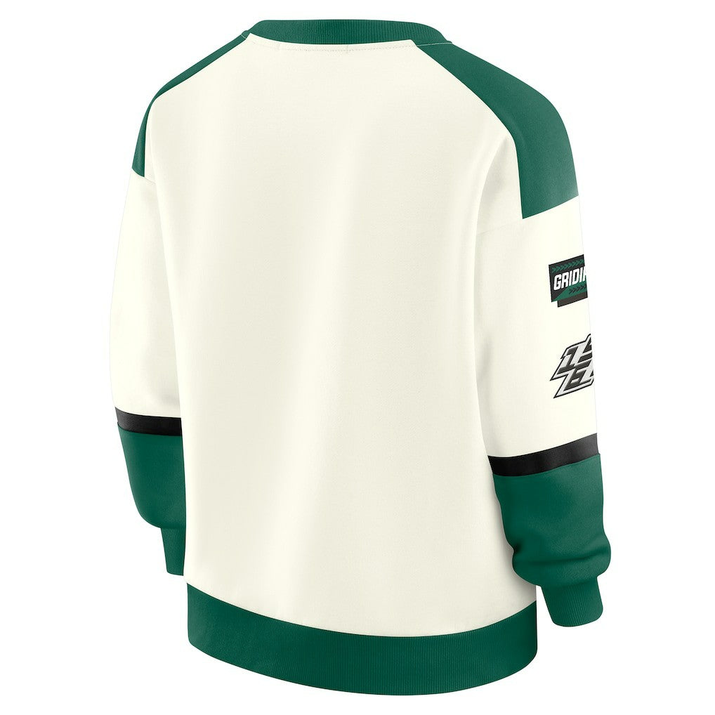 New York Jets WEAR by Erin Andrews Women's Racing Crew V-Neck Sweatshirt Cream - NFL