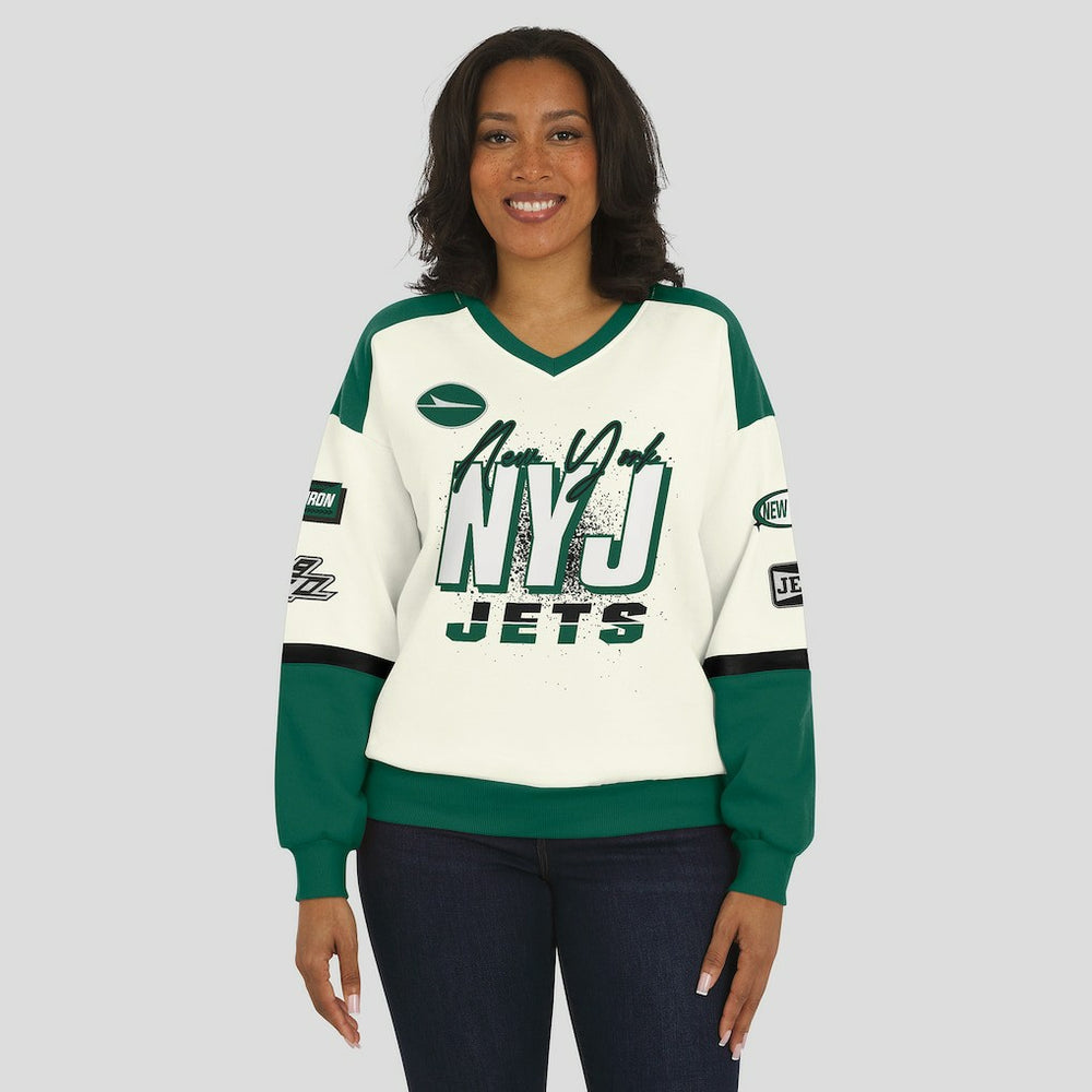 New York Jets WEAR by Erin Andrews Women's Racing Crew V-Neck Sweatshirt Cream - NFL