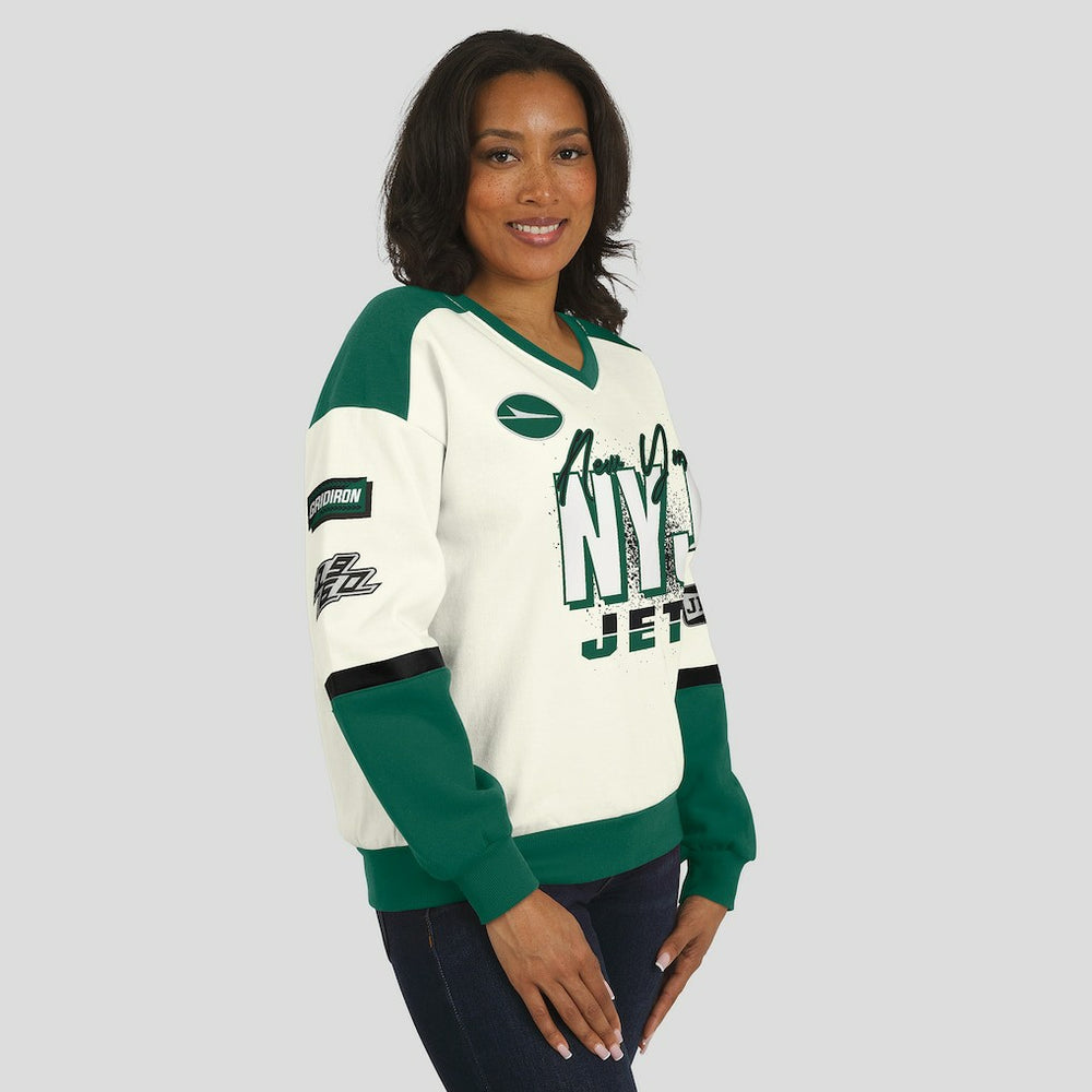 New York Jets WEAR by Erin Andrews Women's Racing Crew V-Neck Sweatshirt Cream - NFL