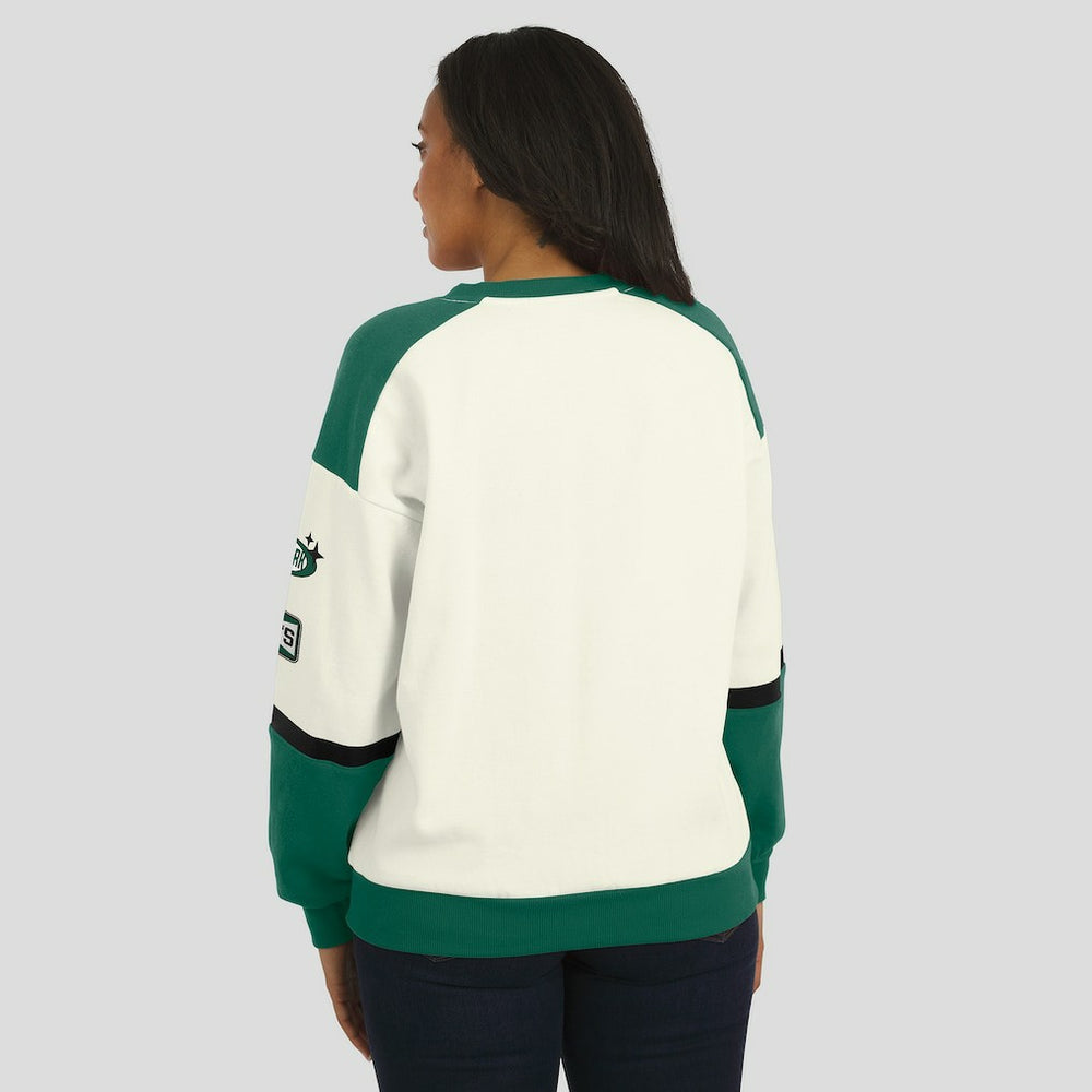 New York Jets WEAR by Erin Andrews Women's Racing Crew V-Neck Sweatshirt Cream - NFL