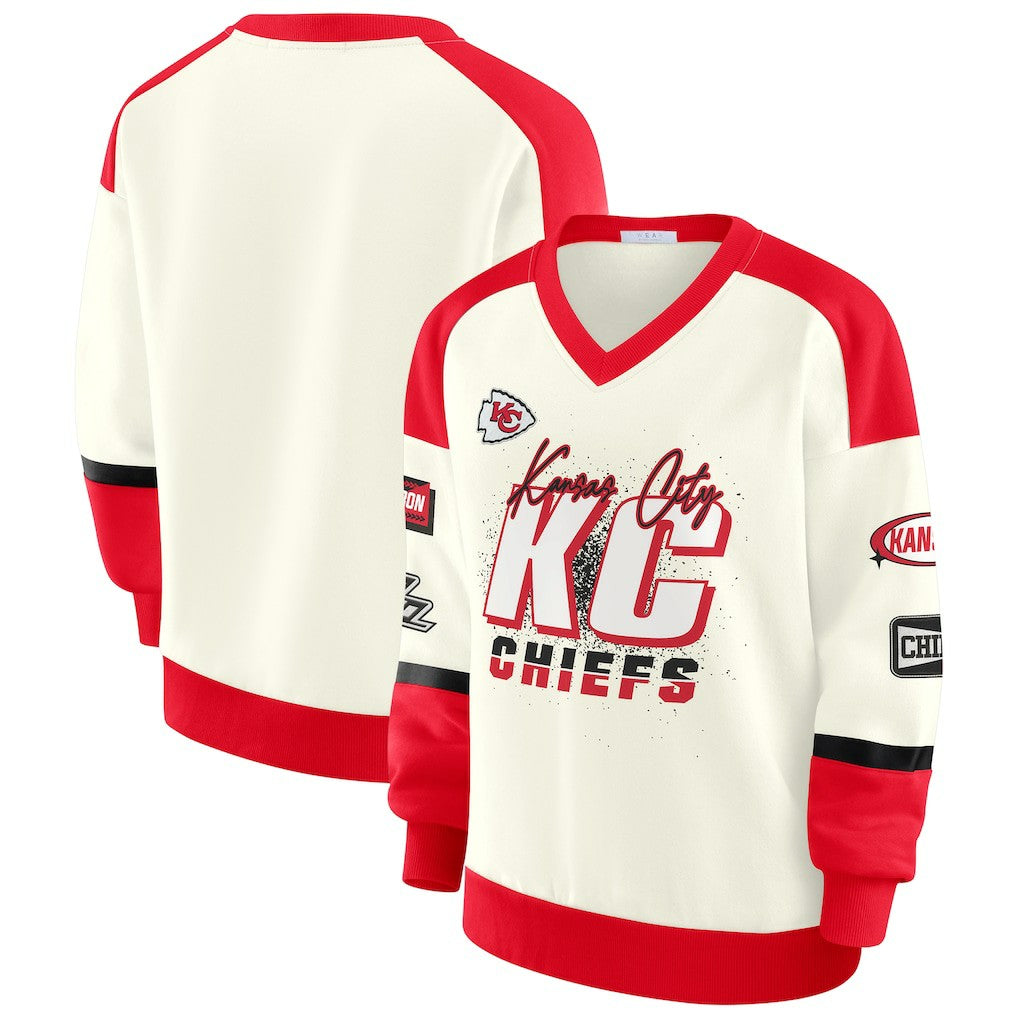Kansas City Chiefs WEAR by Erin Andrews Women's Racing Crew V-Neck Sweatshirt Cream - NFL