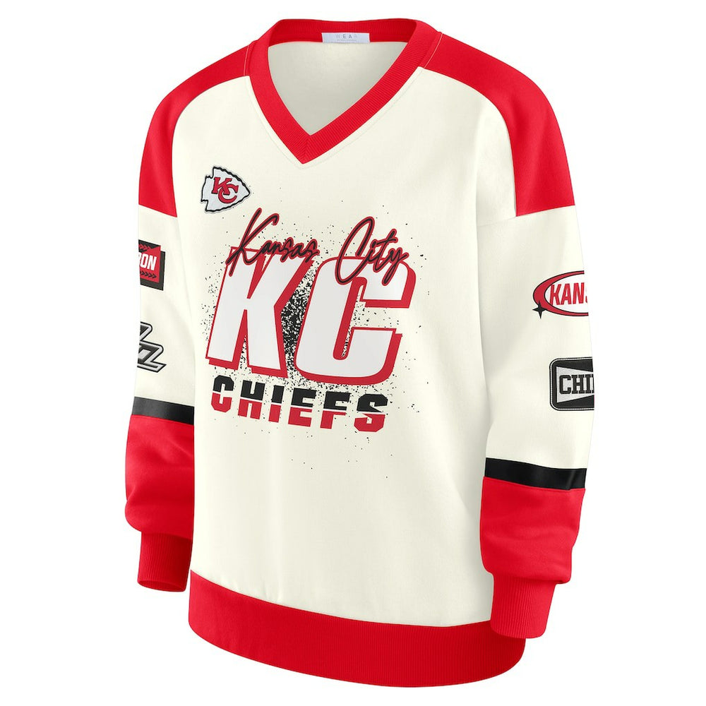 Kansas City Chiefs WEAR by Erin Andrews Women's Racing Crew V-Neck Sweatshirt Cream - NFL