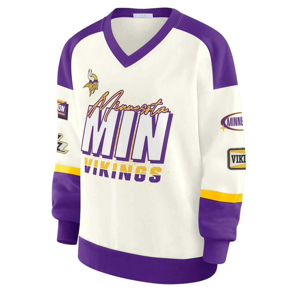 Minnesota Vikings WEAR by Erin Andrews Women's Racing Crew V-Neck Sweatshirt Cream - NFL