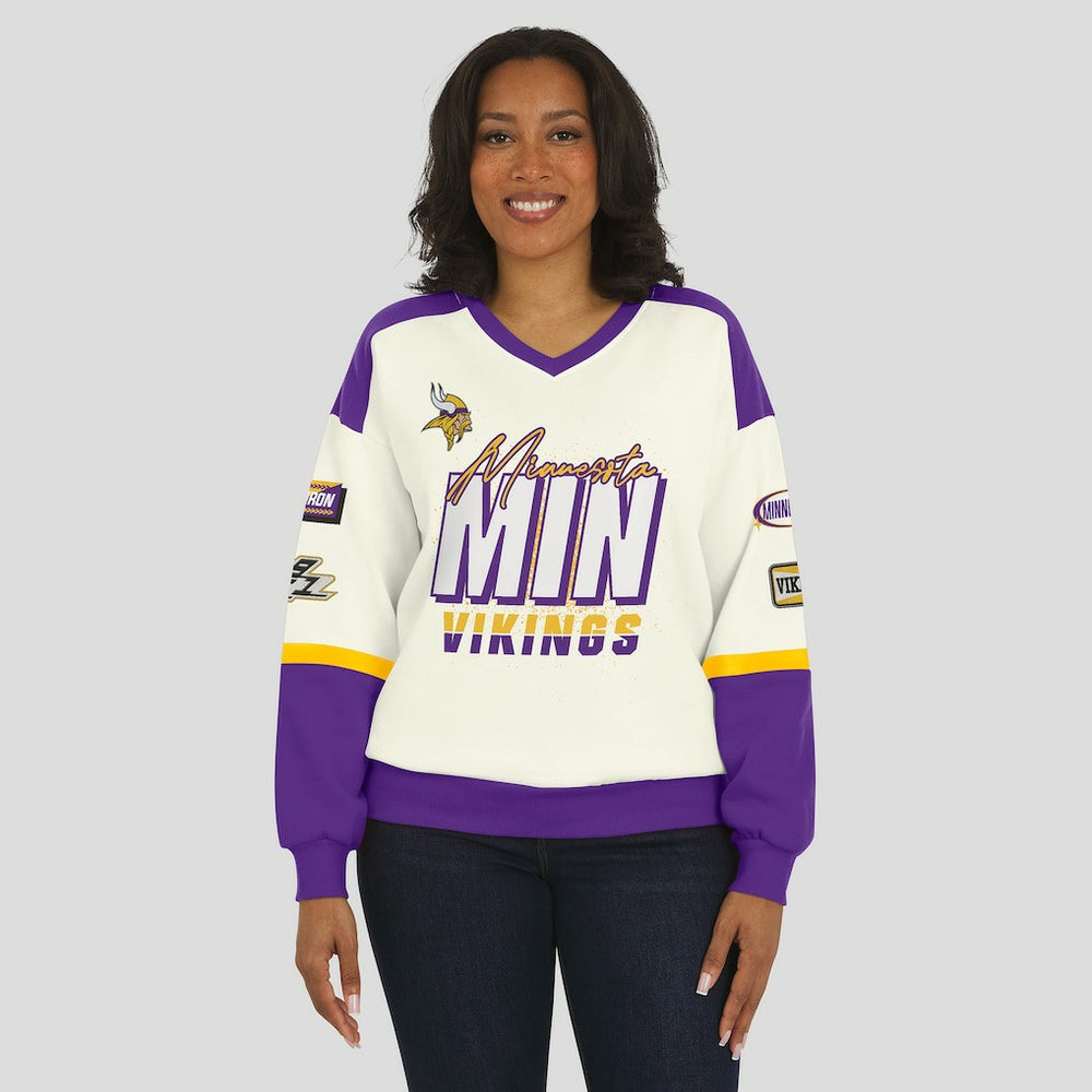 Minnesota Vikings WEAR by Erin Andrews Women's Racing Crew V-Neck Sweatshirt Cream - NFL