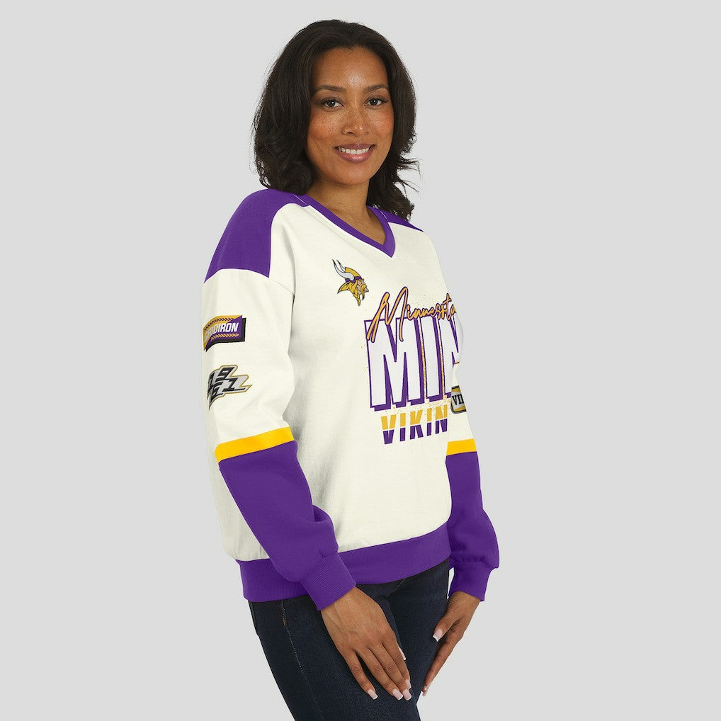 Minnesota Vikings WEAR by Erin Andrews Women's Racing Crew V-Neck Sweatshirt Cream - NFL