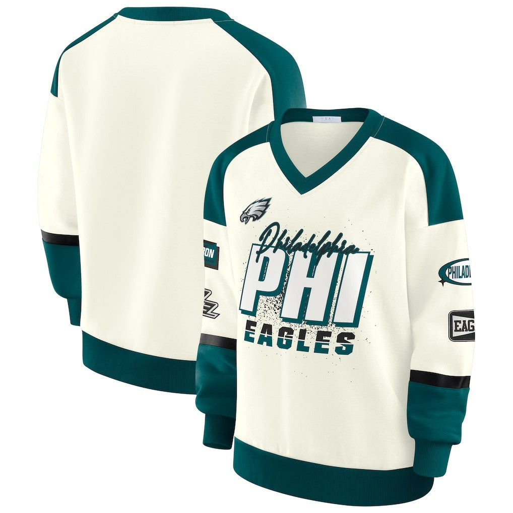 Philadelphia Eagles WEAR by Erin Andrews Women's Racing Crew V-Neck Sweatshirt Cream - NFL