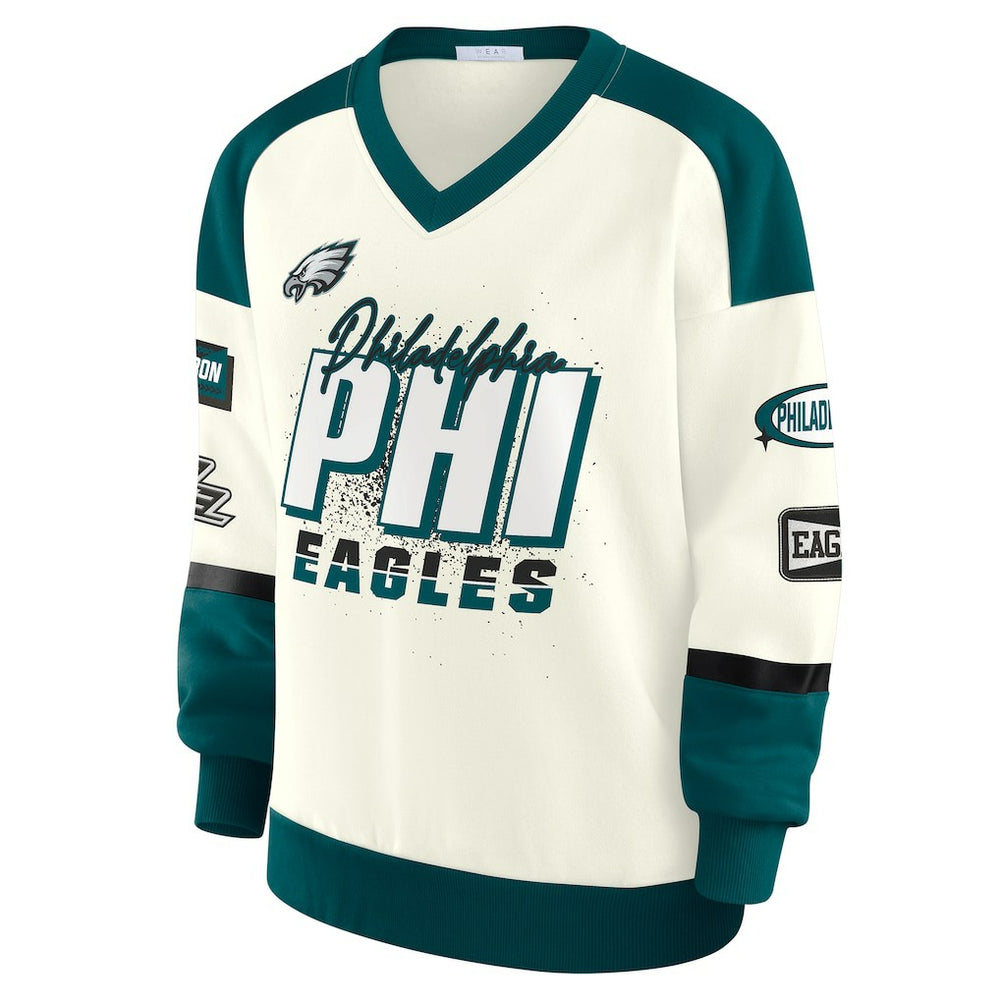 Philadelphia Eagles WEAR by Erin Andrews Women's Racing Crew V-Neck Sweatshirt Cream - NFL