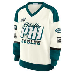 Philadelphia Eagles WEAR by Erin Andrews Women's Racing Crew V-Neck Sweatshirt Cream - NFL