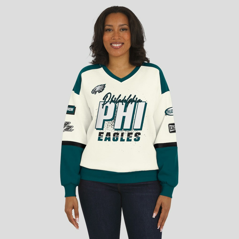 Philadelphia Eagles WEAR by Erin Andrews Women's Racing Crew V-Neck Sweatshirt Cream - NFL