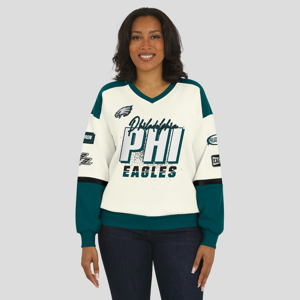 Philadelphia Eagles WEAR by Erin Andrews Women's Racing Crew V-Neck Sweatshirt Cream - NFL