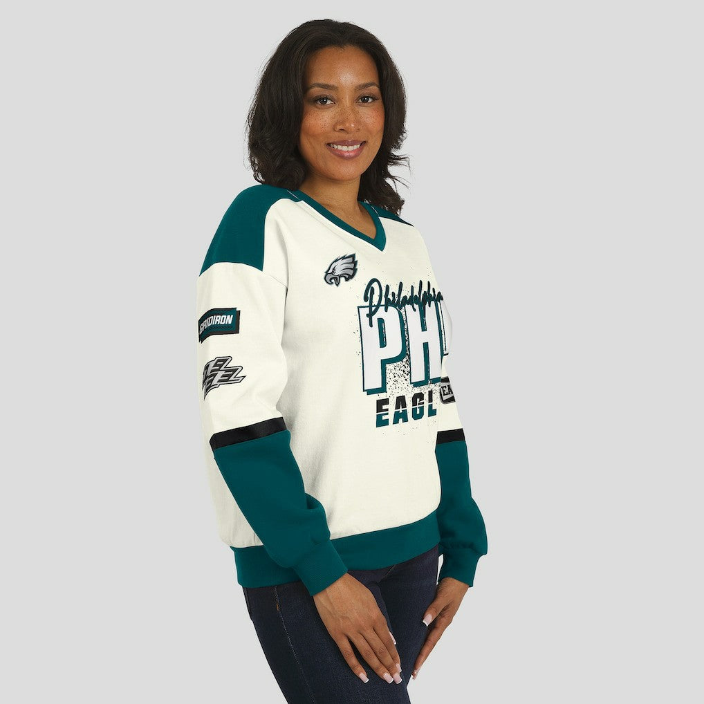 Philadelphia Eagles WEAR by Erin Andrews Women's Racing Crew V-Neck Sweatshirt Cream - NFL
