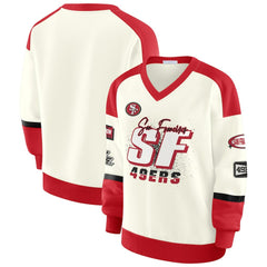 San Francisco 49ers WEAR by Erin Andrews Women's Racing Crew V-Neck Sweatshirt Cream - NFL