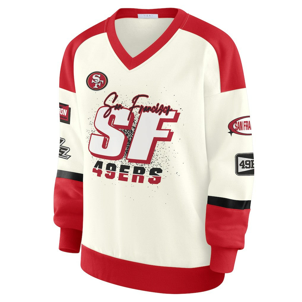 San Francisco 49ers WEAR by Erin Andrews Women's Racing Crew V-Neck Sweatshirt Cream - NFL