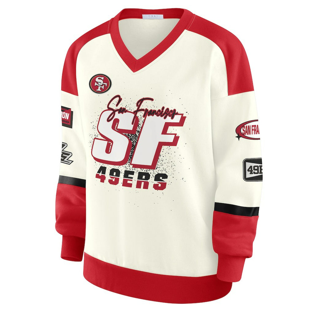 San Francisco 49ers WEAR by Erin Andrews Women's Racing Crew V-Neck Sweatshirt Cream - NFL