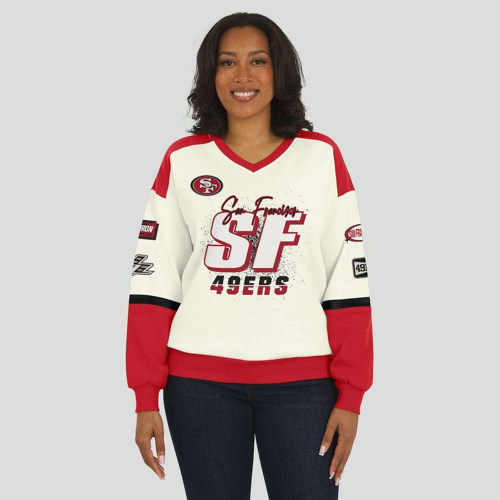 San Francisco 49ers WEAR by Erin Andrews Women's Racing Crew V-Neck Sweatshirt Cream - NFL